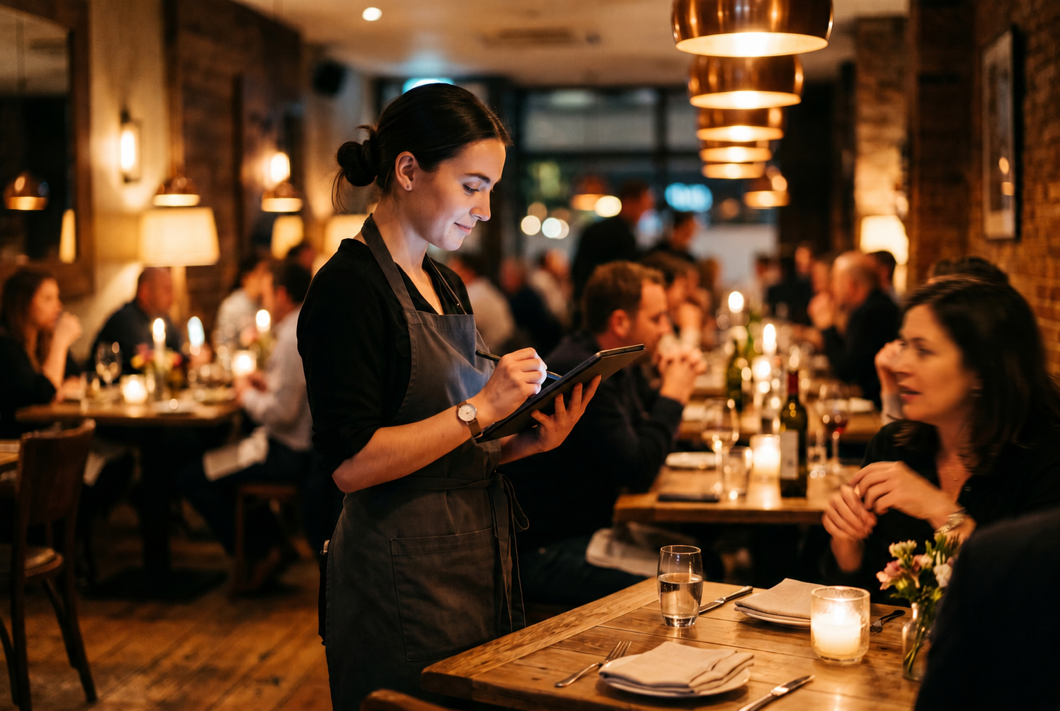 Restaurant staff taking an order on a tablet POS