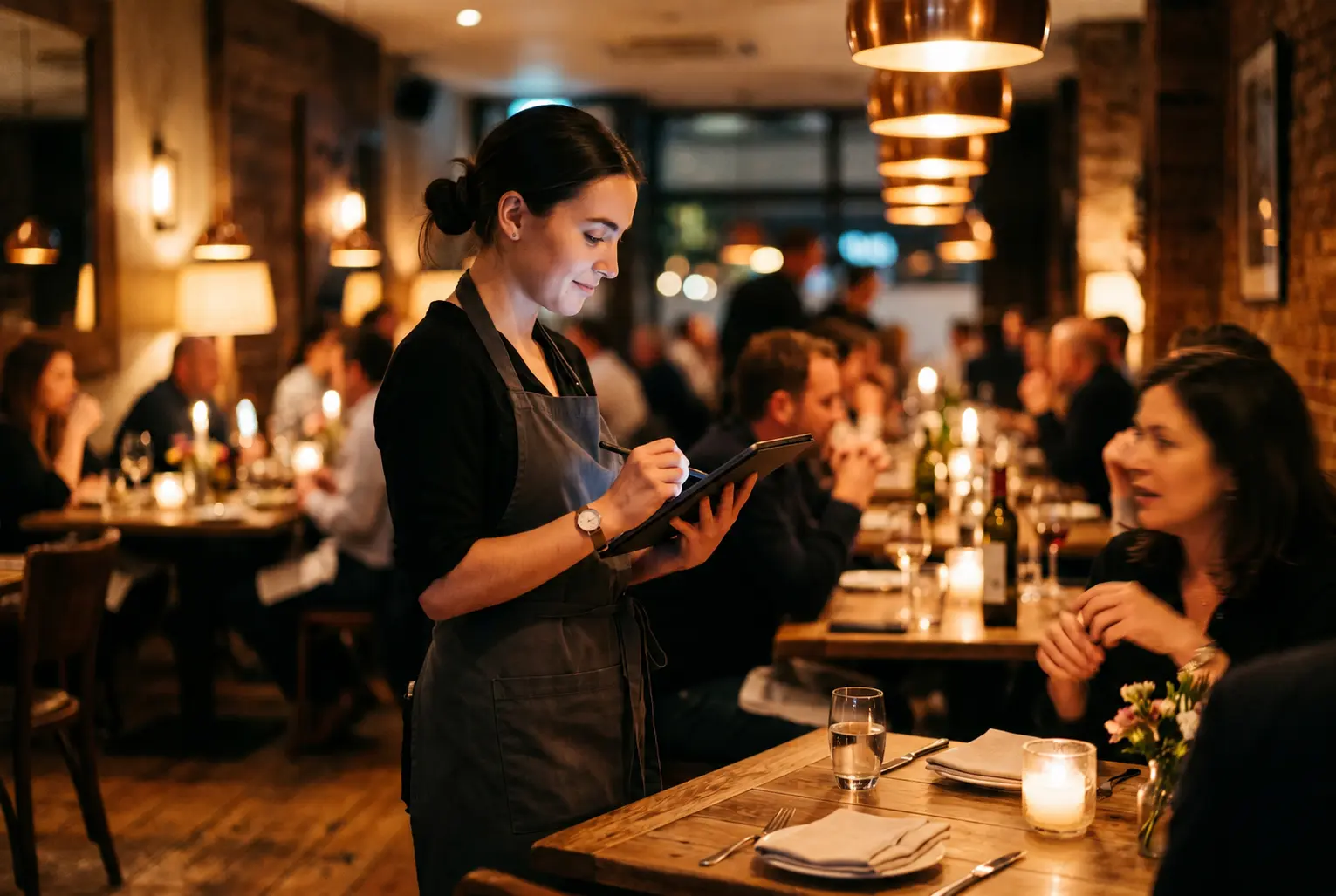 Restaurant staff taking an order on a tablet POS