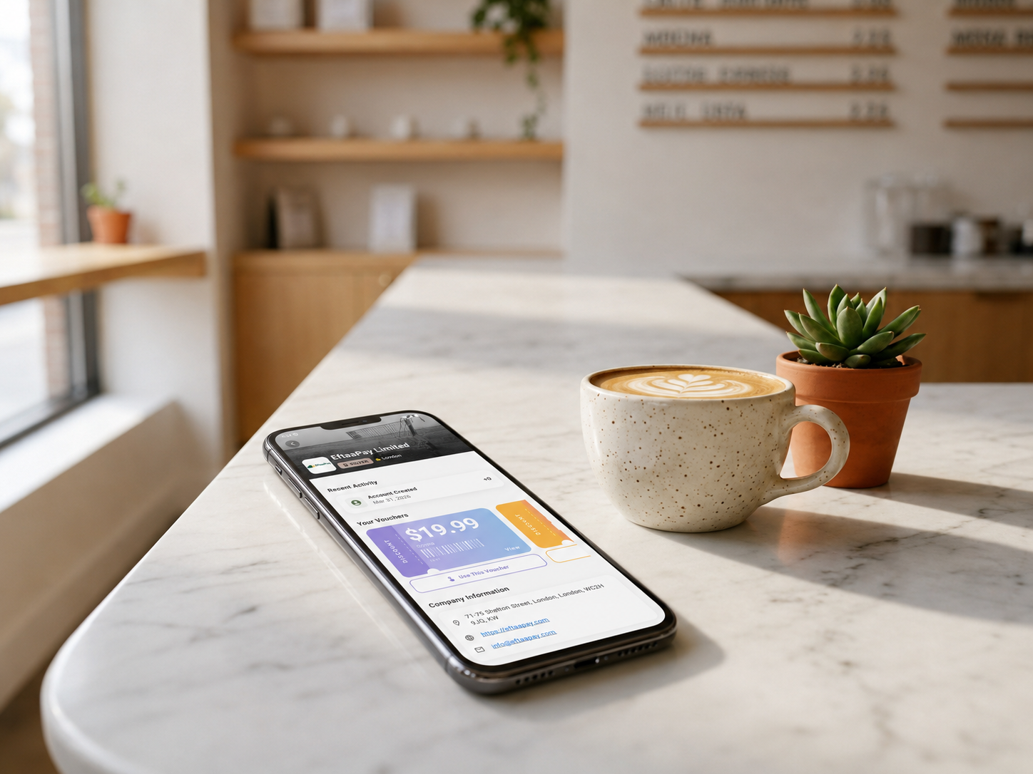Phone on café counter with loyalty app glow